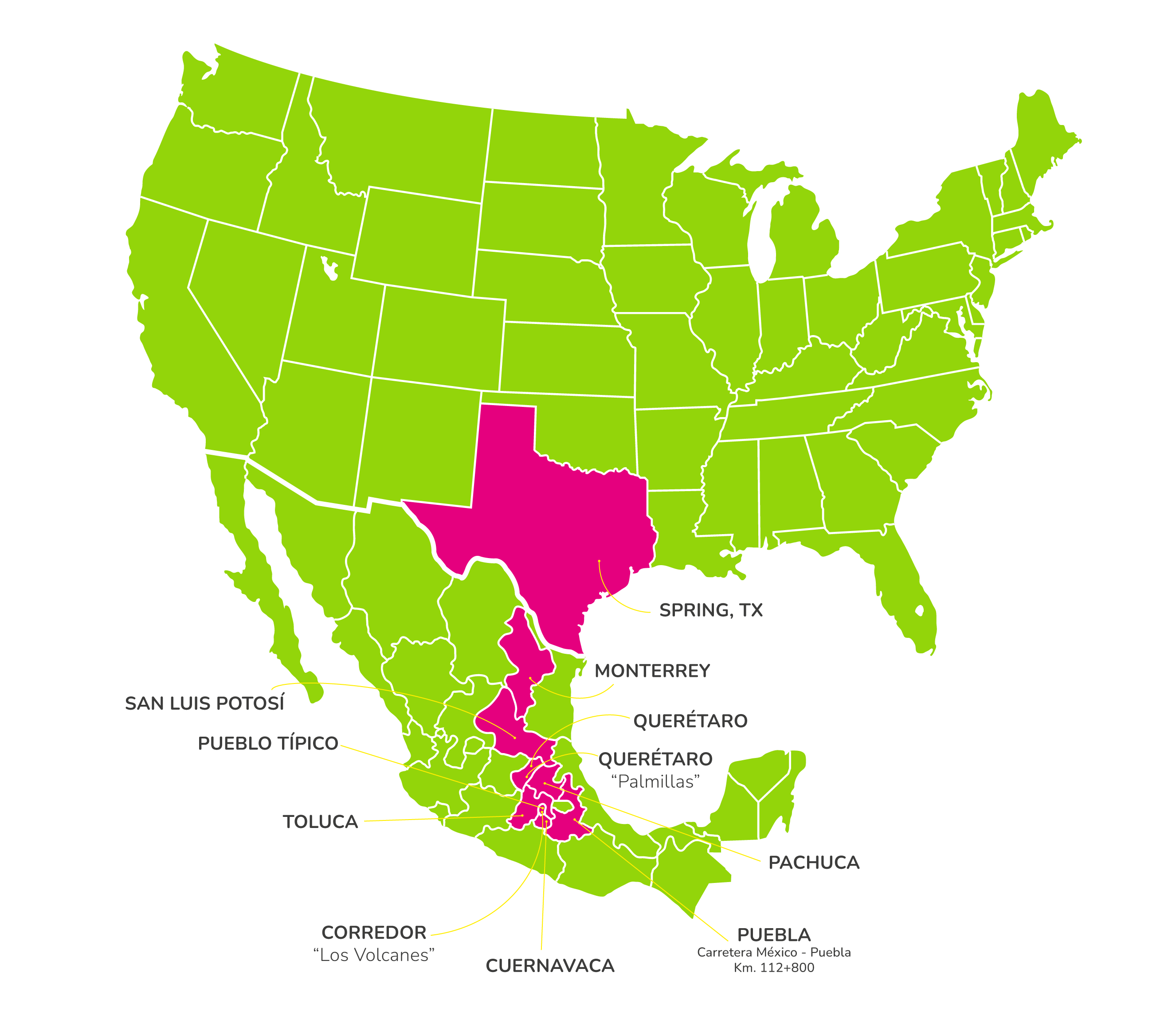 Mapa de ubicaciones de Los Cochinitos en México y Estados Unidos